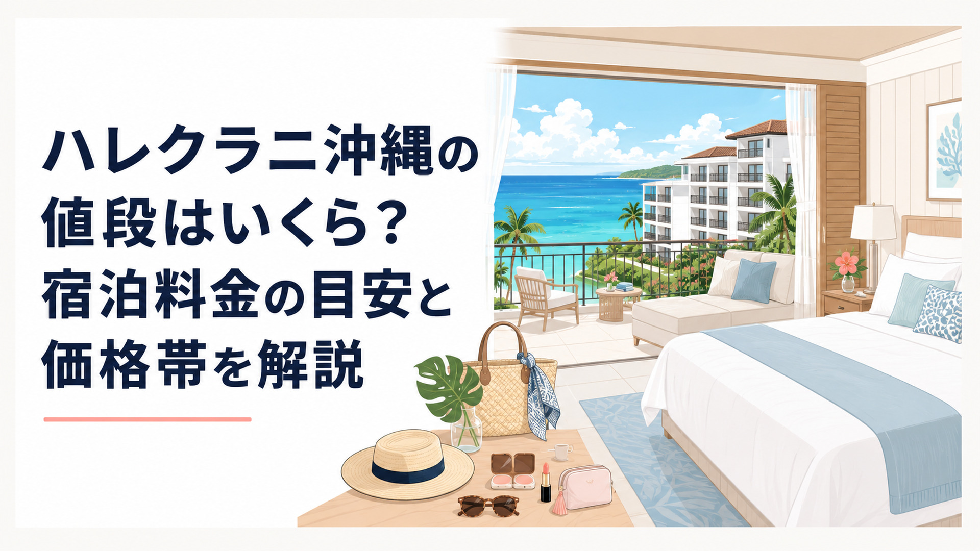 沖縄の青い海を望む白を基調としたラグジュアリーリゾートホテルと広い客室のイメージ
