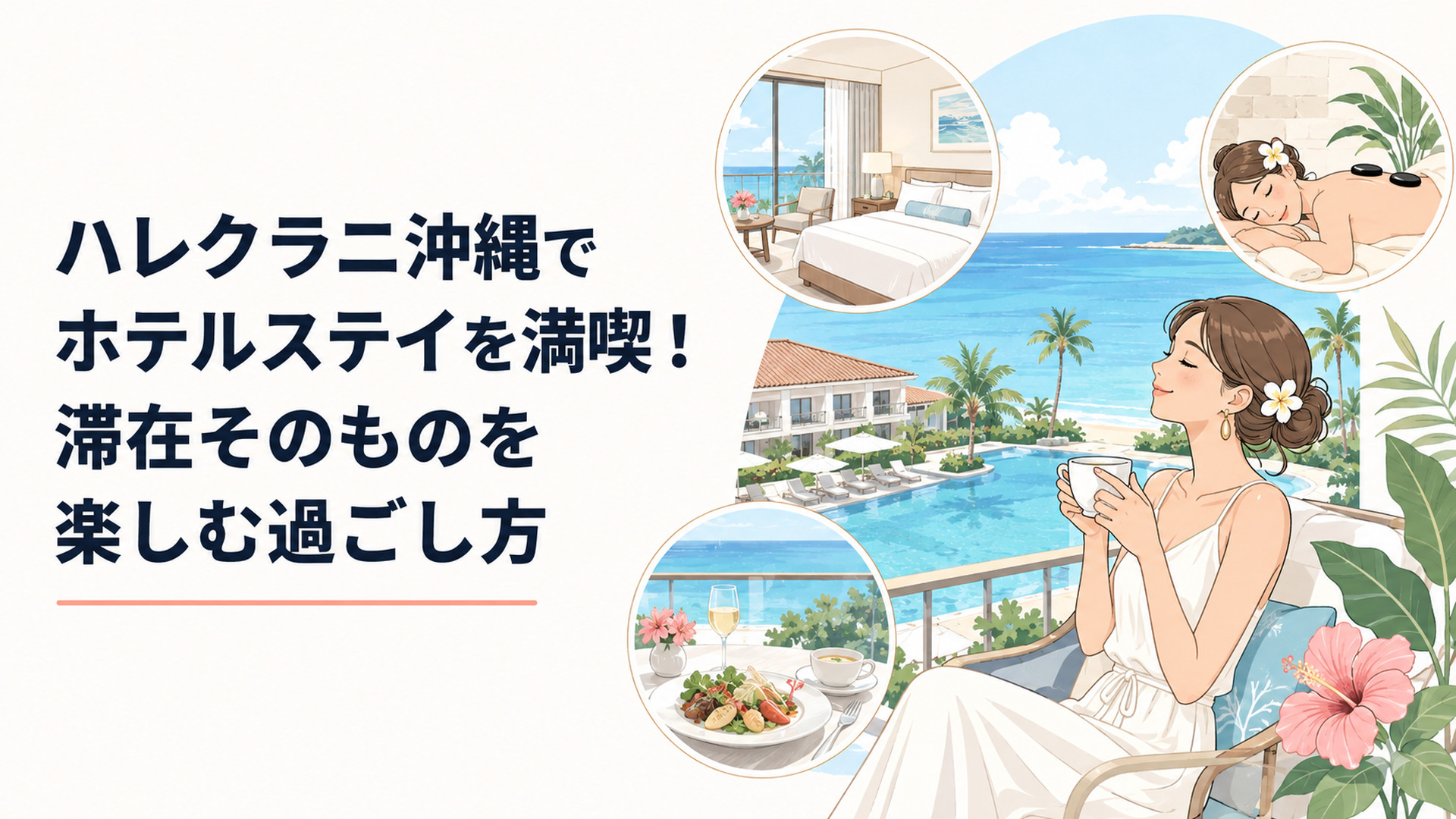 沖縄の青い海を望むハレクラニ沖縄で客室とプールと食事とスパをゆったり楽しむ女性旅行者